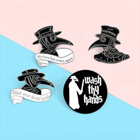 Plague Doctor Hard Enamel Pins, plague doctor pins, hard enamel pins, pins, plage doctor, plague, wash thy hands, my time has come again