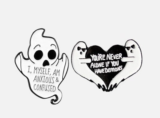 Ghost Pins, Anxious and Confused, You're never alone if you have demons, Mental health ghost pins, hard enamel pins