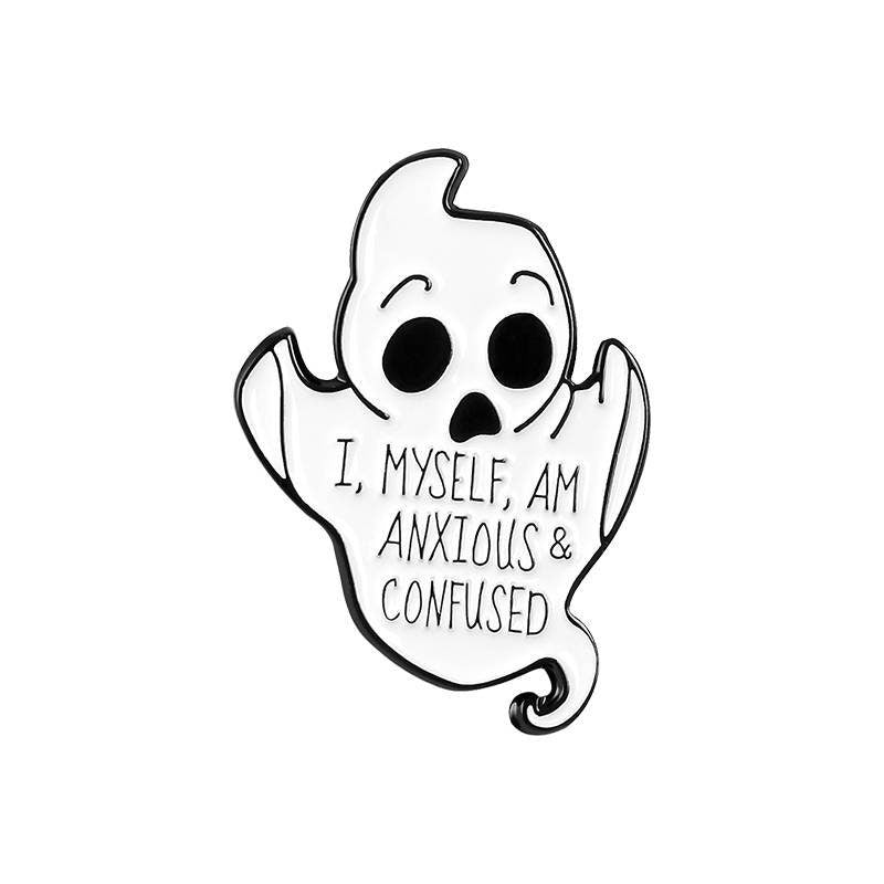 Ghost Pins, Anxious and Confused, You're never alone if you have demons, Mental health ghost pins, hard enamel pins