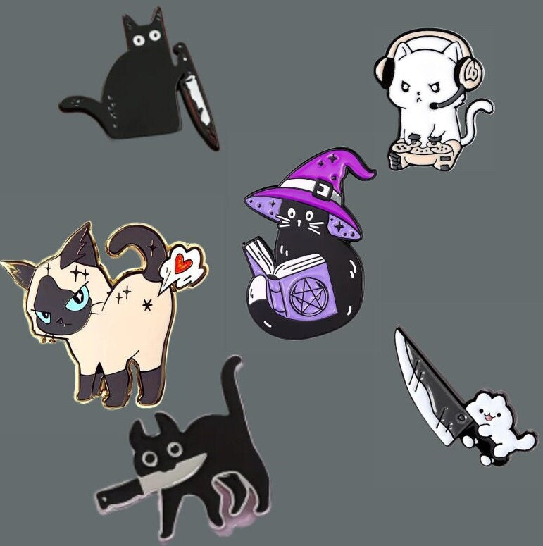 Cat pins, kitty pins, kitten pins, funny cat pins, sarcastic cat pins, evil cat pins, snarky cat pins, enamel pins, punny cat pins